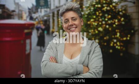 Frau in einem grauen Hoodie mit kurzen Haaren steht mit überkreuzten Armen neben einem roten Briefkasten auf einer geschäftigen Stadtstraße; Selbstvertrauen. Stockfoto