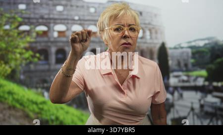 Seniorin zeigt mit den Fingern und zuckt mit den Händen vor das historische Gebäude; Verwirrungsfragen. Stockfoto
