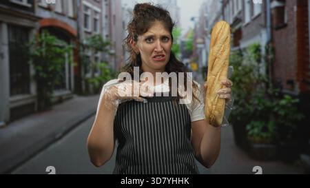Frau, die Baguette mit Handschuhen und Grimasse hält, gestreifte Schürze in einer engen, von Gebäuden gesäumten Straße trägt; Ekel. Stockfoto