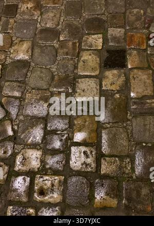 Nasses, altes und strukturiertes Pflastersteinpflaster, eine Nahsicht auf die historische Straße nach Regen. Stockfoto