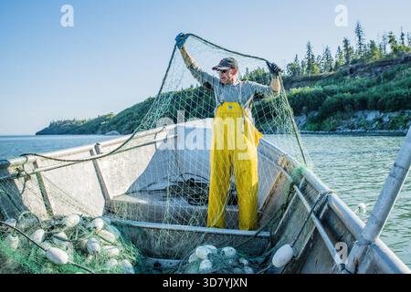 Kommerzieller Fischer in gelben Lätzchen, der ein großes grünes Kiemennetz auf einem Boot in der Nähe von Kalgin Island, Alaska, inspiziert. Stockfoto