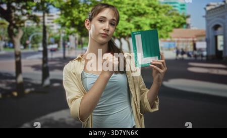 Frau mit grünem Schulschild mit rechter Hand und leichtem Lächeln auf der Stadtstraße in der Nähe von Bäumen und Gebäuden; stolz. Stockfoto