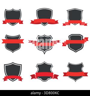 Handgezeichnete Illustration eines Satzes von Schilden mit roten Bändern auf weißem Hintergrund. Stock Vektor