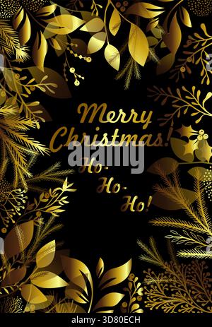 Goldene Weihnachtskarte mit Zweigen. Handgezeichnet. Nicht AI, Vektorillustration Stock Vektor