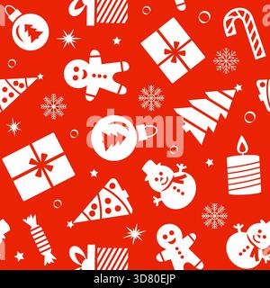 Nahtloses Muster mit Weihnachtssymbolen auf leuchtendem rotem Hintergrund Stock Vektor