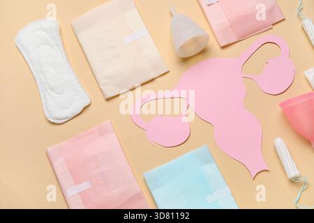 Zusammensetzung mit Papier uterus und verschiedenen Hygieneprodukten für Frauen auf farbigem Hintergrund Stockfoto
