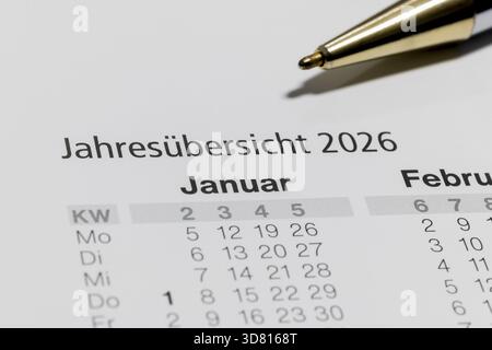 Kalenderjahresübersicht für 2026 mit Januar und Februar Stockfoto
