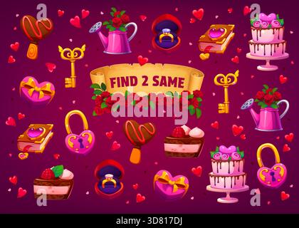 Finde zwei gleiche Valentinstag-Charaktere und -Objekte. Vektor-Lernspiel-Arbeitsblatt für Kinder, Rätsel-Herausforderung mit Comic-Verlobungsring, Geschenkbox, Herzschloss, Schokoladenkuchen, Zauberbuch und Dessert Stock Vektor