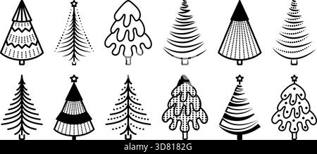Schwarze Linie Weihnachtsbaum Vektor-Symbol Set. Monochrome Winterschilder. Verschiedene Tannen-, Fichten- und Kiefernarten mit dekorativen Mustern. Nadelbaumklipa Stock Vektor