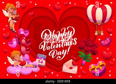 Papier geschnittenes Valentinstag-Banner oder Grußkarte. Vektor-Banner für romantische Feierlichkeiten, Poster zum Liebestag. St. Valentine-Weihnachtsflyer mit niedlichen Cupids-Charakteren, Rosenstrauß, Liebesbrief und Ballons Stock Vektor
