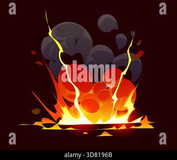 Explosion der Cartoon-Bombe und magischer Raucheffekt von roten Feuerwolken, explosionsgefährdeter Vektor. Cartoon TNT Bombe Explosion Explosion Effekt von Feuer Lava durch Vulkanausbruch oder heißes Plasma mit magischem Rauch Stock Vektor