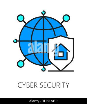 Farblinie oder Piktogramm für Cybersicherheit für Heimsicherheit. Network Safe Access System Umrissvektorsymbol, Datenschutzschild. Cyber Security Service Piktogramm oder Symbol mit Planeten-Globus und Schild Stock Vektor