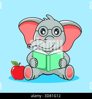 Niedlicher Elefant liest ein Buch mit einem Apple Vektor Illustration Cartoon Kawaii isoliertes Design Stock Vektor