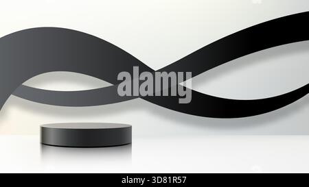 Schwarzes, zylindrisches 3D-Podium für Produktpräsentationen oder Kosmetikständer, auf einem glänzend weißen Boden. Modernes Konzept mit dynamischem Hintergrund von Overla Stock Vektor