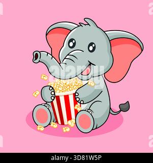 Niedlicher Cartoon-Elefant, der glücklich mit einem breiten Lächeln sitzt und einen großen Eimer Popcorn umarmt Stock Vektor