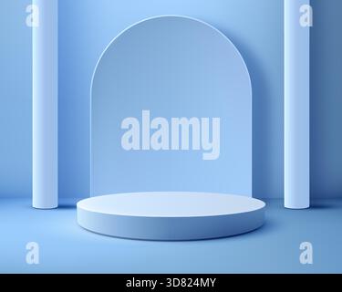 Minimalistisches hellblaues 3D-Studio mit rundem Podium und zwei Zylindern. Dieser abstrakte geometrische Hintergrund für elegante Produktpräsentationen oder kosmetische Modelle Stock Vektor