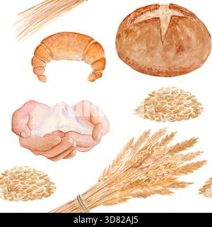 Halbmondbrötchen, rundes Brot, Weizenkörner, Weizenbündel. Nahtloses Aquarellmuster auf weißem Hintergrund. Perfekt für Backwaren, Küche Stockfoto