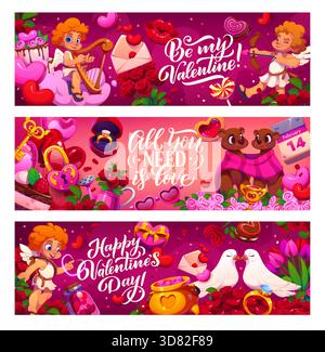 Valentinstag-Banner mit Liebesfiguren und Herzen, Vektorgrüße. Valentinstag Banner mit Cupid Engeln, Küssen Lippen und Tauben Paar, Liebesbotschaft Umschlag und rosa Wolken mit Blumen Stock Vektor