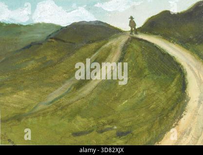 Ivar Arosenius - Mann auf einer Wanderung - Wandern - das Kunstwerk zeigt eine einsame Figur, die auf einem gewundenen, unbefestigten Pfad auf einem grasbewachsenen Hügel spaziert. Stockfoto