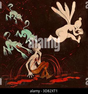 Ivar Arosenius – das gebrochene Herz – Selbstporträt – 1901-1906 – zeigt den Künstler mit einem Pfeil, der sein Herz durchbohrt, aus dem Blut zu seinen Füßen in einen Pool fließt, was auf intensive emotionale Schmerzen oder persönlichen Kampf hindeutet. Die Figur ist umgeben von kleinen, schmutzigen Kreaturen und einer schwimmenden, geflügelten weiblichen Figur, die der Szene eine surreale und symbolische Qualität verleiht. Das Werk ist eine mächtige visuelle Metapher für Leiden, die die Verletzlichkeit und den emotionalen Zustand des Künstlers unterstreicht. Stockfoto