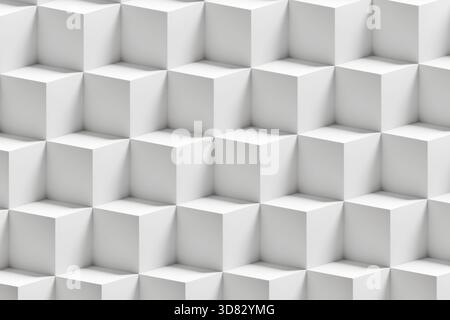 Der statische Hintergrund zeigt ein sich wiederholendes geometrisches Muster aus hellgrauen Würfeln an Stockfoto