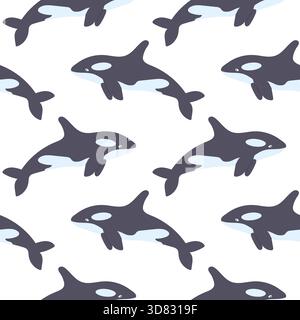 Mehrere Orcas in verspieltem Design schwimmen vor einer weißen Kulisse. Ihre auffälligen Schwarz-weiß-Muster schaffen eine lustige und lebendige Atmosphäre, i Stock Vektor