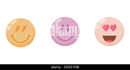 Eine fröhliche Vektor-Illustration Sammlung von drei Retro-Comic-Smiley-Gesichtern, einschließlich Herzaugen, Blitzschlag und Simple Smile Designs. Ideal für Stock Vektor