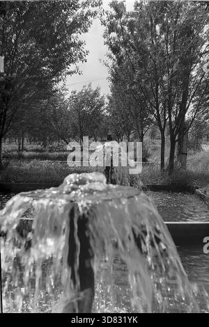 Bezirk Slavjansk, Ukraine, UdSSR - 1982: Nahaufnahme von Wasserbrunnen in den Beton-Brutbecken der Donrybkombinat-Fischerei, Abschnitt „Natrius“. Wasserstrahlen sprühen aus vertikalen Rohren, um die Teiche für die Fischzucht mit Sauerstoff zu versorgen. Das Hydrauliksystem befindet sich in einer schattigen Gasse, die von jungen Bäumen gesäumt ist. Dieses Schwarzweiß-Archivfoto zeigt die Aquakulturtechnologie, die Wasserbauinfrastruktur und die natürliche Umgebung der friedlichen industriellen Donbass-Region. Stockfoto