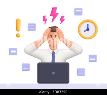Die gestresste Büroangestellte Ted arbeitet am Computer und hält ihren Kopf mit beiden Händen. Die Frist wurde nicht eingehalten, Termindruck, Arbeitsstress, Burnout. 3D Stock Vektor