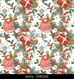 Fröhliche weihnachtsfeiertage mit festlichen Keksen, Tannenzweigen, Ornamenten und dekorativen Elementen. Ideal für saisonale Küchentextilien Stock Vektor