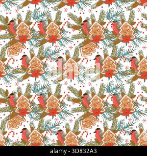 Festliches Lebkuchenmuster mit Weihnachtskeksen, Tannenzweigen und Ornamenten. Nahtloser Feiertagshintergrund ideal für Winter Geschenkverpackung, Küche Stock Vektor