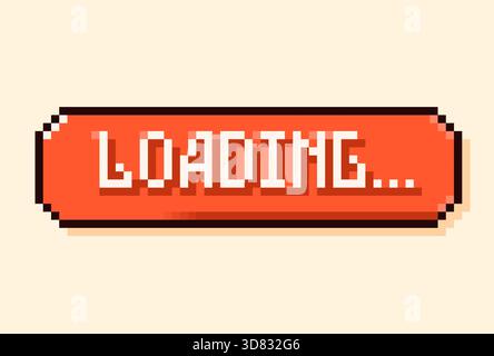 Pixel Art Loading Sprechblase. Weißer Text auf rotem Hintergrund. Stock Vektor