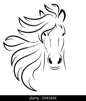 Schwarzes Pferdekopf-Outline-Zeichnen mit dynamisch wehender Mähne - Vektorlinien-Kunst-Symbol Stock Vektor