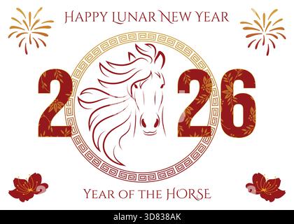 Lunar New Year 2026 Year of the Horse Greeting mit roten und goldenen Pflaumenblüten, Feuerwerk und chinesischer Sternzeichen Horse Line Art Illustration Stock Vektor
