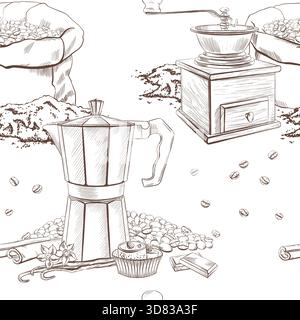 Nahtloses Muster aus Metall-Geysir-Kaffeemaschine, Zimt, Vanilleschoten und Blumen, Schokolade, süßes Dessert türkischer Delikatesse, Kaffeemühle mit Leinwand Stock Vektor
