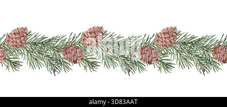 Kiefer- oder Tannenzweige mit Konen Horizontal Aquarell nahtloses Randmuster. Handgemalte Illustration der Winterwaldpflanze mit grünen Nadeln Stockfoto