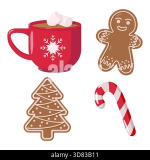 Set mit vier festlichen Feiertagsillustrationen, roter Becher mit Marshmallows, Lebkuchenmann-Keks, Weihnachtsbaum-förmiger Keks mit Glasur und Streuseln Stock Vektor