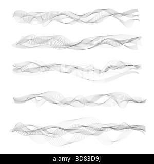 Design-Vorlage für musikalische Schallwellen. Dynamische Musik, fließende Linien. Set aus Form und Linienkurve. Stock Vektor