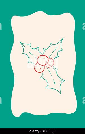 Poster mit Weihnachtsbaum mit roten Beeren. Traditionelle festliche Dekoration. Stechpalmenzweig mit roten Beeren. Skurriles Vintage-Design mit Coquette. Stock Vektor