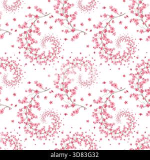 Nahtloses Muster aus spiralförmiger Sakura und japanischem Kran. Handgemachte Aquarellillustration. Für Stoff, Tapeten, Grußkarten, Design Stockfoto