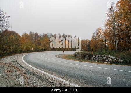 Leere, gekrümmte Landstraße schlängelt sich durch bunte Herbstbäume Stockfoto