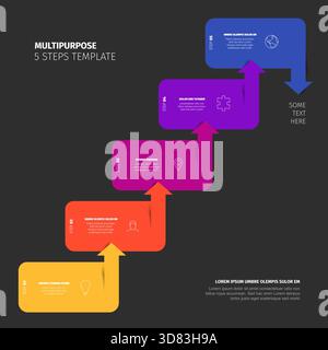 Eine lebendige Infografik mit 5 Schritten, die einen Prozess oder Workflow veranschaulicht. Diese Mehrzweck-Vorlage mit 5 Schritten enthält farbenfrohe Blöcke mit Pfeilen, ID Stock Vektor