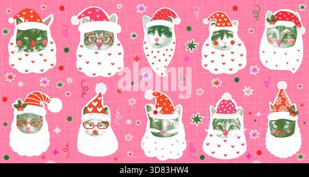 Niedliche Santa Claus Vektor Katzenköpfe, Gesichter, Halbtonweihnachtskunstcollage für Grußkarten, Tiergeschäfte und Produkte Stock Vektor