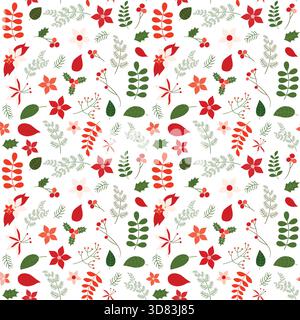 Nahtloses Vektormuster mit Blättern und Blumen in grünen und roten Farben für Weihnachtsdesigns, Hintergründe und Geschenkpapier Stock Vektor