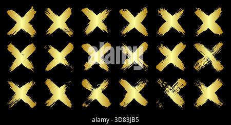 Goldene Grunge-Kreuze, Pinselstriche, Linien, Tintenflecken, handgezeichnete Kritzelformen. Handgemachte, skizzenhafte Markierungen, Acrylflecken, Holzkohlestreifen. Farbe Stock Vektor