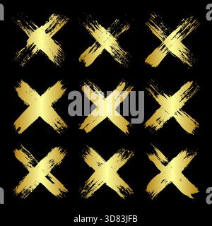 Goldene Grunge-Kreuze, Pinselstriche, Linien, Tintenflecken, handgezeichnete Kritzelformen. Handgemachte, skizzenhafte Markierungen, Acrylflecken, Holzkohlestreifen. Farbe Stock Vektor