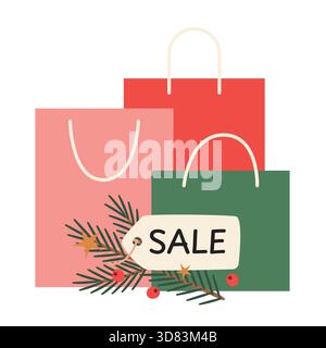 Verkaufspreis mit Tannenzweig, Beeren, goldenen Sternen und Einkaufstasche, perfekt für Urlaubsrabatte, Aktionen und Winterverkauf - Vektorillustration Stock Vektor