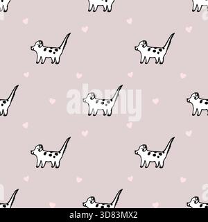 Nahtloses Muster mit linearem Hund und roten Herzen, weißem Hintergrund, Valentinstag-Illustration Stockfoto