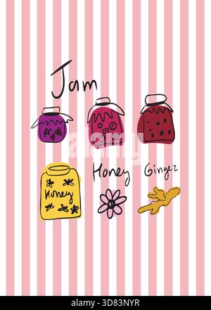 Eine schöne, gestreifte Posterkarte für die Küche oder das Café mit Gläsern mit Marmelade, Honig und Ingwer. Rosafarbene Streifen, Doodle-Stil. Stock Vektor