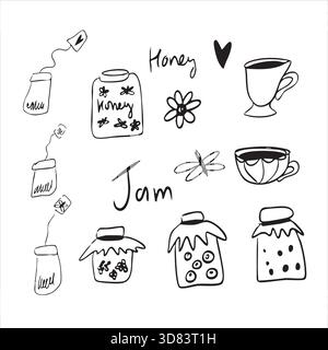 Kritzelillustration für ein Café oder eine Küche. Teezeit mit einer Tasse Tee, Marmelade, süßen Teebeuteln, Schmetterlingen. Stock Vektor